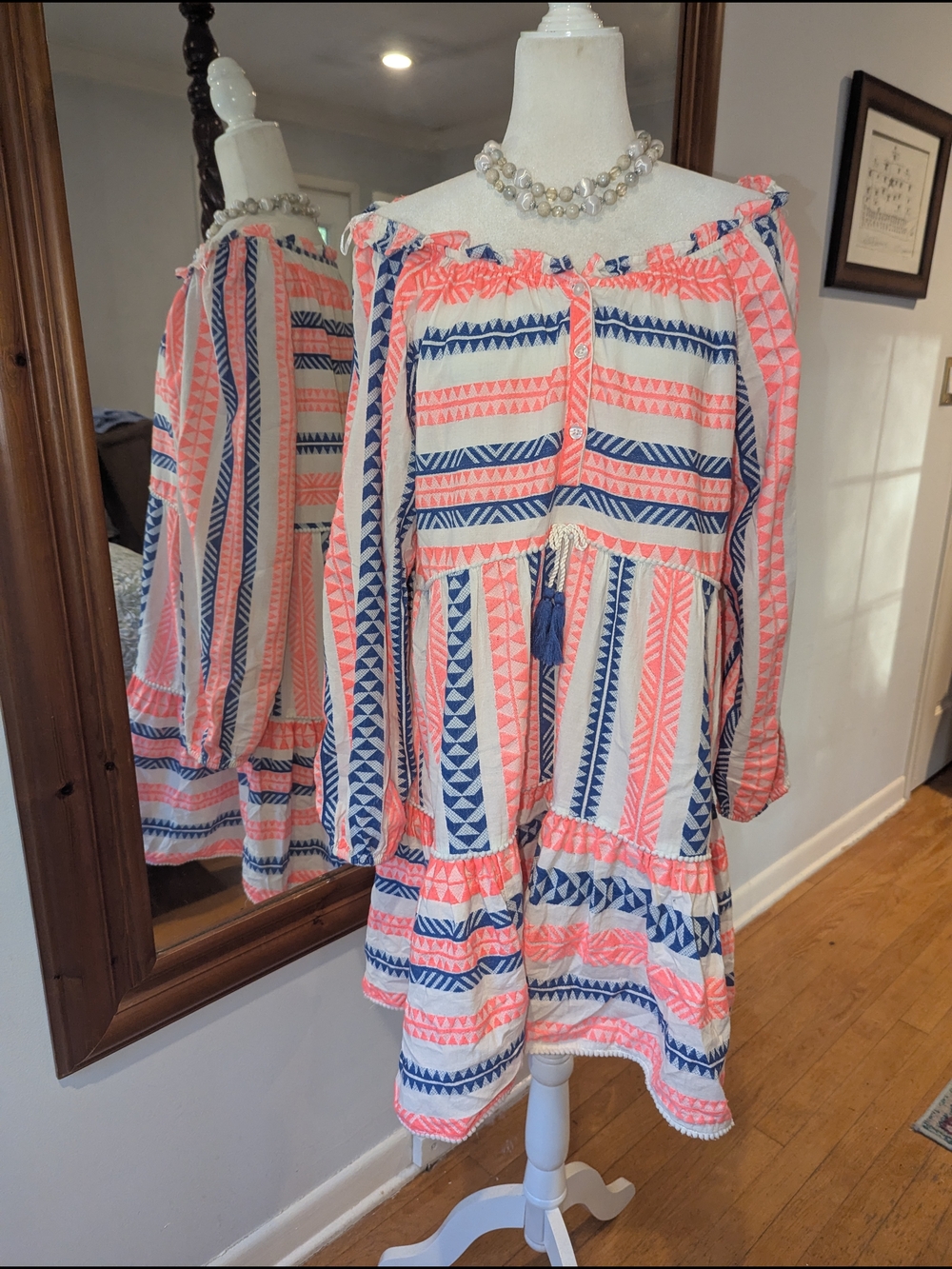 next Coral and Navy Off-Shoulder Patterned Midi Dress